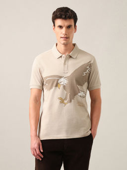 U.S. Polo Assn. Denim Co. - Beige Graphic Printed Slim Fit Polo T-Shirt