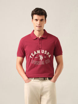U.S. Polo Assn. Denim Co. - Red Typographic Brand Printed Slim Fit Polo T-Shirt