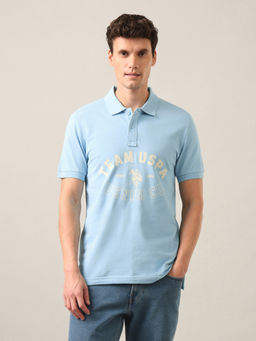 U.S. Polo Assn. Denim Co. - Blue Typographic Brand Printed Slim Fit Polo T-Shirt