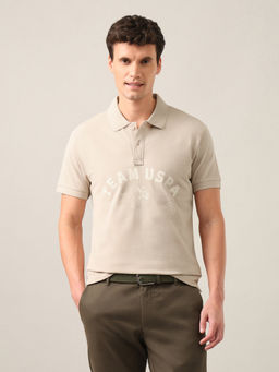 U.S. Polo Assn. Denim Co. - Beige Typographic Brand Printed Slim Fit Polo T-Shirt
