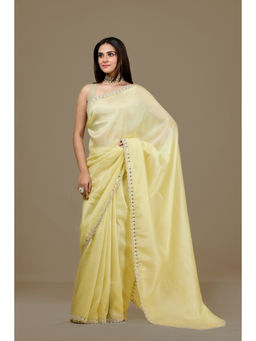 Aparnaa - Yellow Fancy Crush Embroidered Mirror Work Saree with Unstitched Blouse