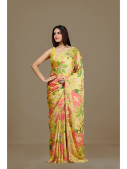 Aparnaa - Yellow Satin Georgette Floral Print Saree with Unstitched Blouse