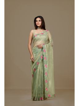Aparnaa - Green Fancy Tissue Embroidered Floral Border Saree with Unstitched Blouse