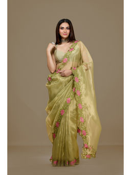 Aparnaa - Olive Fancy Tissue Embroidered Floral Border Saree with Unstitched Blouse