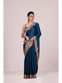Aparnaa - Deep Blue Floral Tussar Silk Saree with Unstitched Blouse