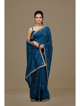 Aparnaa - Blue Crushed Embroidered Sequined Saree with Unstitched Blouse
