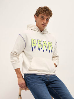 The Bear House - Mens White Relaxed Fit Cotton Printed Casual Hoodie