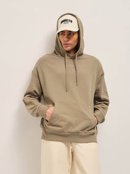 The Bear House - Mens Beige Relaxed Fit Solid Cotton Casual Hoodie