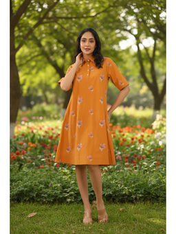 CUSTARD - Rich Mustard Floral Embroidery Cotton Midi Dress