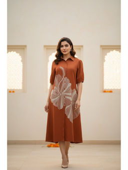 CUSTARD - Womens Rust Red Floral Embroidered Midi Shirt Dress