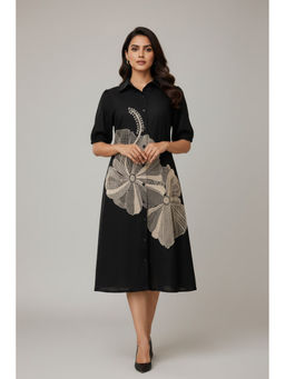 CUSTARD - Womens Black Floral Embroidered Midi Shirt Dress