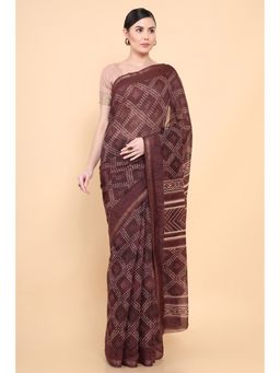 Soch - Women Brown Chanderi Printed Saree with Unstitched Blouse