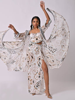 The Missy Co. - White and Brown Monica Printed Embroidered Cape