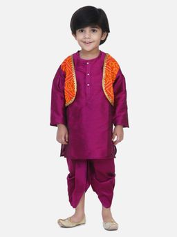 BownBee - Boys Attached Jacket Bandhani Dhoti Kurta- Purple (Set of 2)