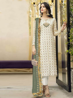 Odette - Green & Cream Embroidered Semi Stitched Kurta with Bottom & Dupatta (Set of 3)