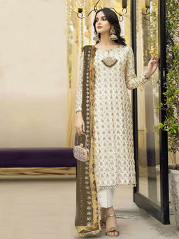 Odette - Olive & Cream Embroidered Semi Stitched Kurta with Bottom & Dupatta (Set of 3)