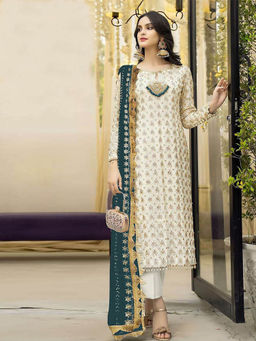 Odette - Teal & Cream Embroidered Semi Stitched Kurta with Bottom & Dupatta (Set of 3)