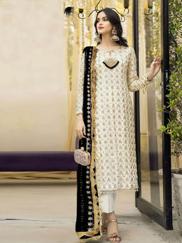 Odette - Black & Cream Embroidered Semi Stitched Kurta with Bottom & Dupatta (Set of 3)