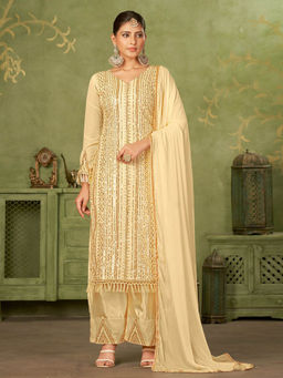 Odette - Beige Embellished Semi Stitched Kurta with Bottom & Dupatta (Set of 3)