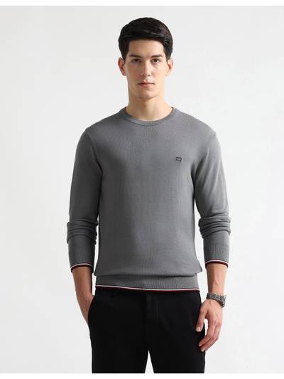 Mens Solid Regular Fit Sweater - Grey