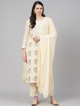 ADA - Hand Embroidered Lucknowi Chikankari Beige Pure Cotton Unstitched Dress Material [A211160]