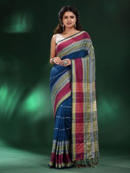 CHARUKRITI - Blue Cotton Soft Saree with Unstitched Blouse