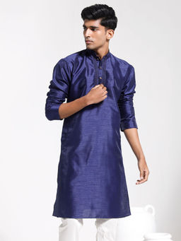 Vastramay - Mens Navy Blue Dupion Silk Kurta