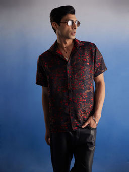 Vastramay - Mens Black Base Red Silk Blend Ethnic Shirt