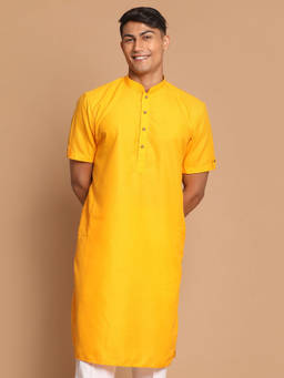 Vastramay - Mens Mustard Cotton Blend Kurta