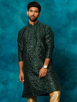 Vastramay - Mens Green Silk Blend Kurta