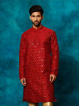 Vastramay - Mens Maroon Silk Blend Kurta