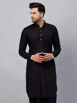 Vastramay - Mens Black Cotton Linen Blend Kurta