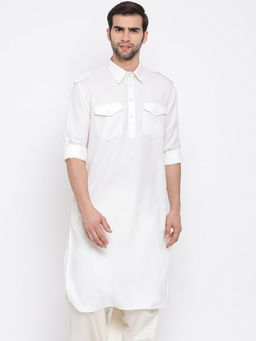 Vastramay - Mens White Cotton Blend Pathani Kurta
