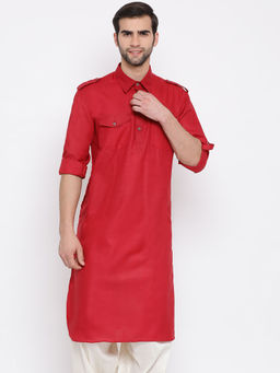Vastramay - Mens Red Cotton Blend Pathani Kurta