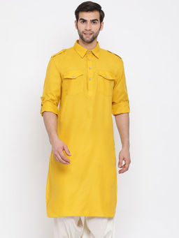 Vastramay - Mens Yellow Cotton Blend Pathani Kurta
