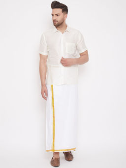 Vastramay - Mens Cream and White Silk Blend Shirt And Mundu (Set of 2)
