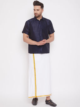 Vastramay - Mens Navy Blue and White Silk Blend Shirt And Mundu (Set of 2)