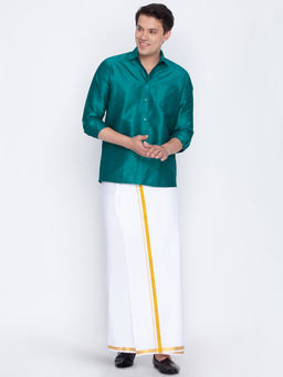 Vastramay - Mens Green and White Silk Blend Shirt And Mundu (Set of 2)