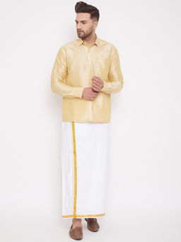 Vastramay - Mens Gold and White Silk Blend Shirt And Mundu (Set of 2)