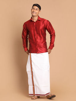 Vastramay - Mens Maroon And White Silk Blend Shirt And Mundu (Set of 2)