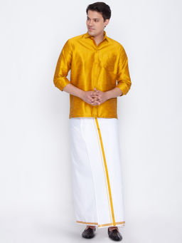 Vastramay - Mens Yellow and White Silk Blend Shirt And Mundu (Set of 2)
