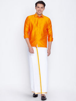 Vastramay - Mens Orange and White Silk Blend Shirt And Mundu (Set of 2)