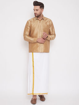 Vastramay - Mens Brown and White Silk Blend Shirt And Mundu (Set of 2)