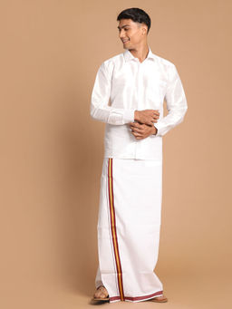 Vastramay - Mens White Silk Blend Shirt And Mundu (Set of 2)