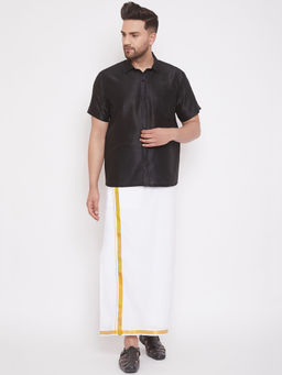Vastramay - Mens Black and White Silk Blend Shirt And Mundu (Set of 2)