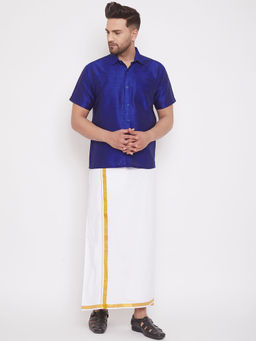 Vastramay - Mens Blue and White Silk Blend Shirt And Mundu (Set of 2)