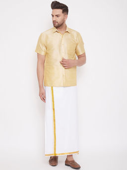 Vastramay - Mens Gold and White Silk Blend Shirt And Mundu (Set of 2)