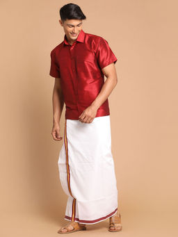 Vastramay - Mens Maroon And White Silk Blend Shirt And Mundu (Set of 2)