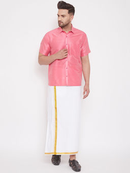 Vastramay - Mens Pink and White Silk Blend Shirt And Mundu (Set of 2)