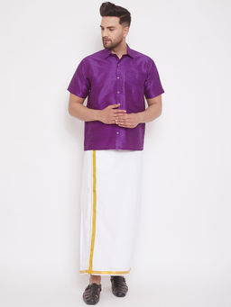 Vastramay - Mens Purple and White Silk Blend Shirt And Mundu (Set of 2)